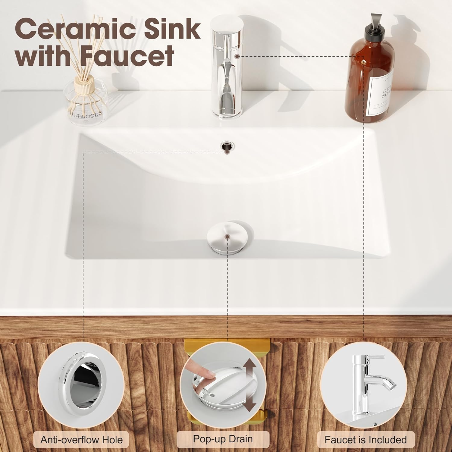 30 Inch Bathroom Vantiy with Ceramic Sink, Floating Bathroom Vanity with 2 Drawers, Wall Mounted Floating Cabinets (30", with Sink, Brown)