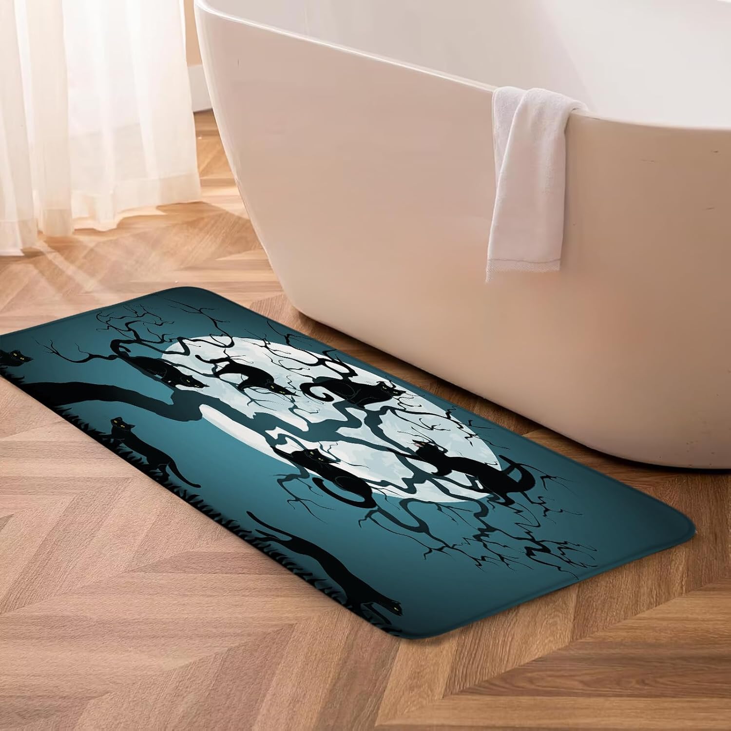 Halloween Bath Mat Black Cat Dead Tree Full Moon Witchy Spooky Halloween Gothic Night Blue Memory Foam Home Office Door Bathroom Decor Mat,24"x60"
