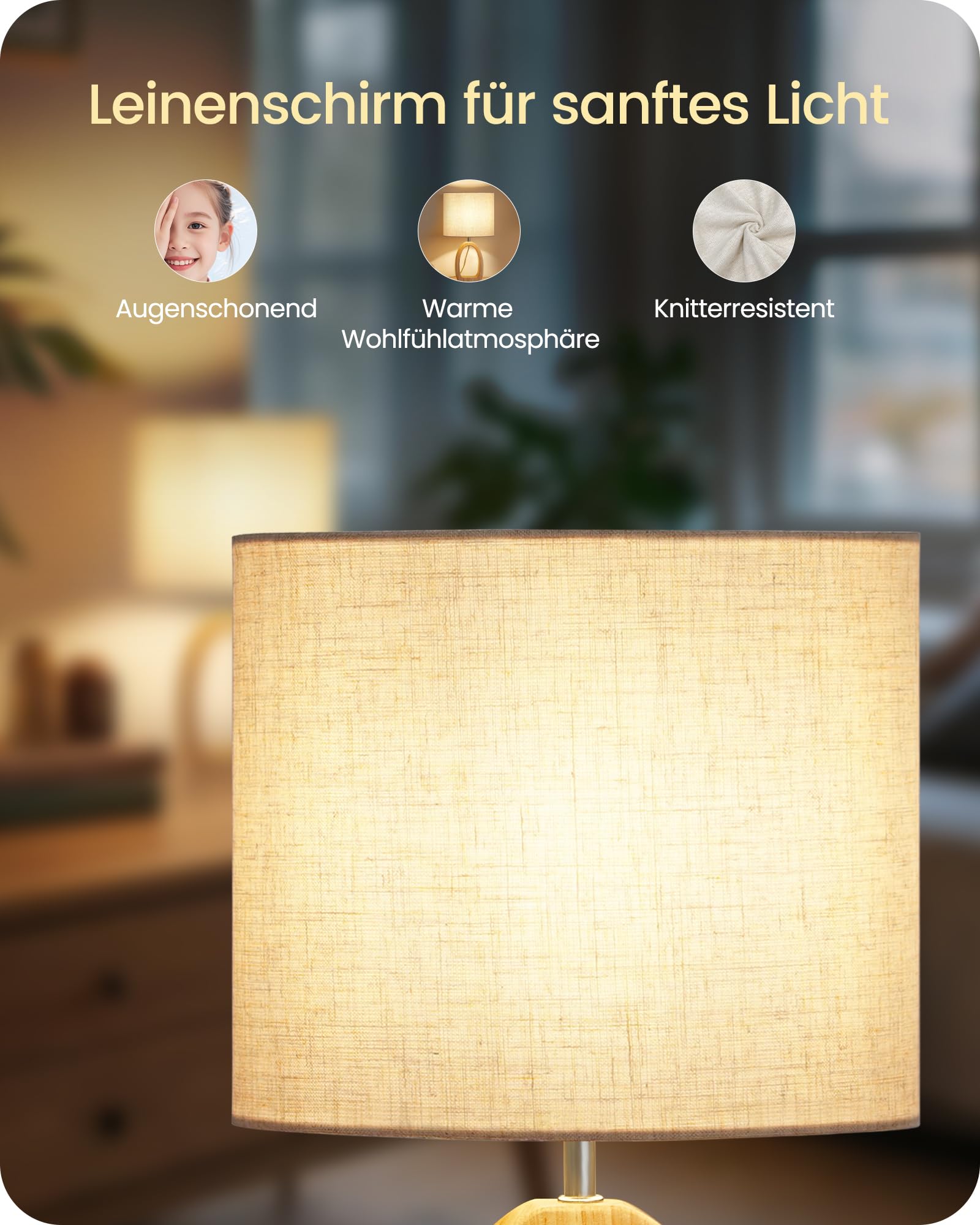 Nachttischlampe aus Holz 2er Set, Beige Tischlampe, Nachttischlampe mit Kabel, Fensterbank Lampe, 2700K LED-Birne, für Wohnzimmer, Schlafzimmer, Arbeitszimmer, Büro, ZME07TLDP205
