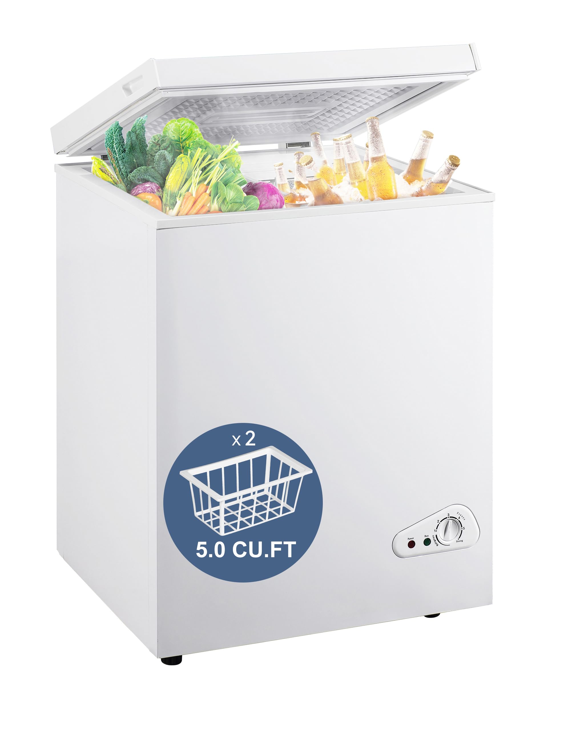5.0 Cu Ft Chest Freezer - Energy Efficient & Quiet Mini Freezer with Adjustable Thermostat - Compact Deep Freezer for Home, Apartment, and Garage - Removable Basket & Defrost Drain