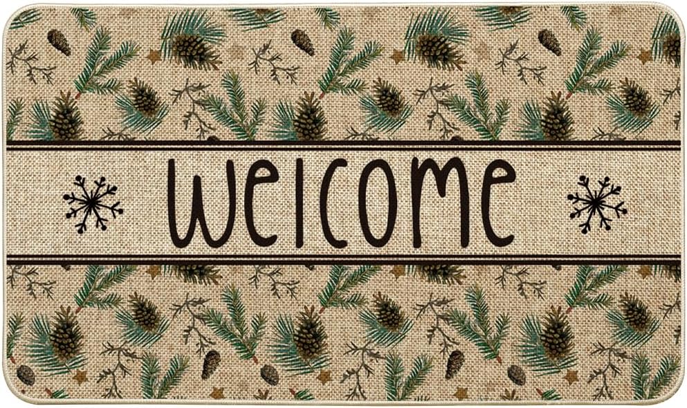Artoid Mode Xmas Pinecone Star Welcome Christmas Doormat, Winter Low-Profile Switch Rug Home Decor Door Mat Floor Mat for Outdoor Indoor 17x29 Inch