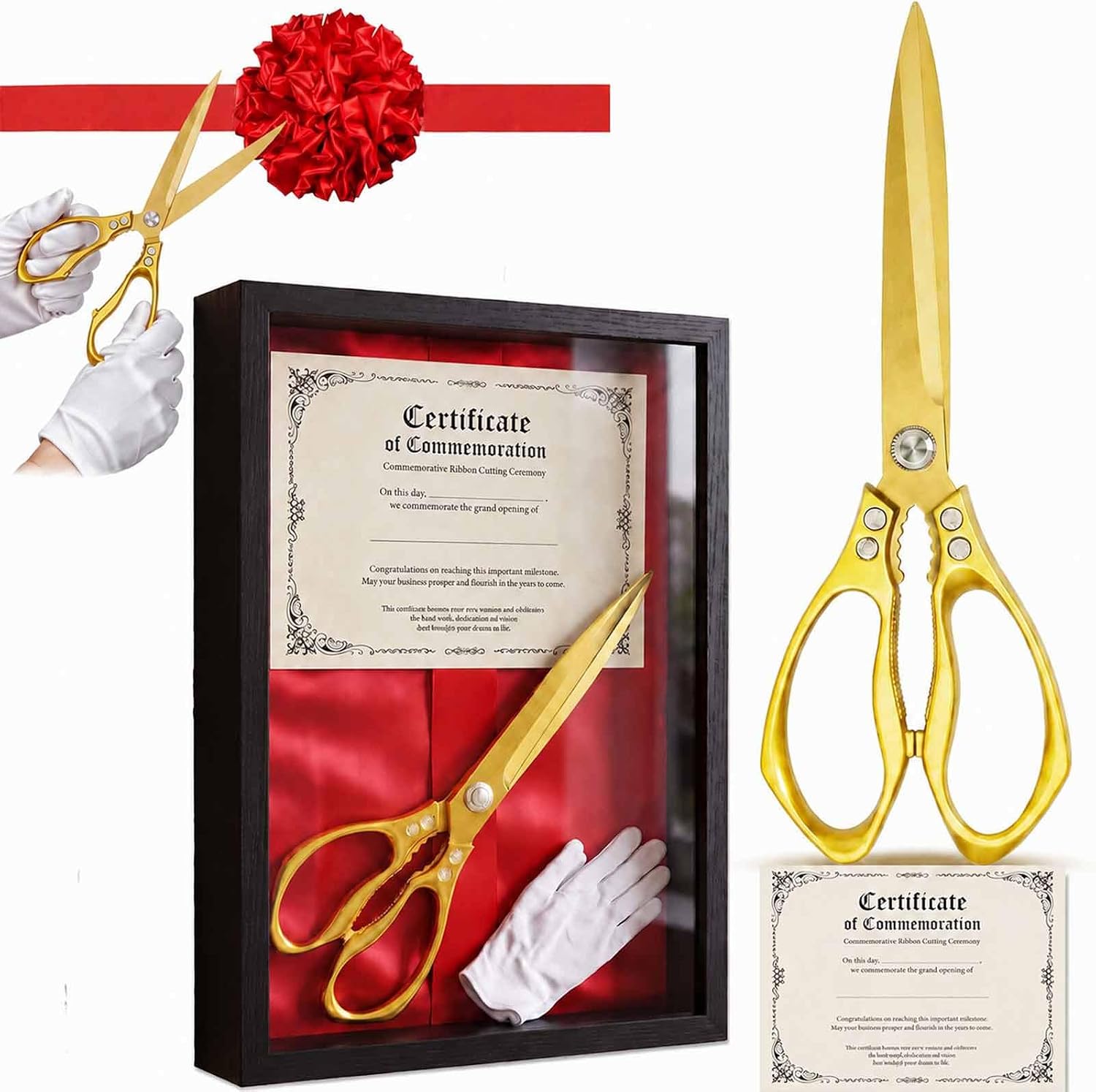 Grand Opening Ribbon Cutting Kit, 10.8 Inch Large Gold Scissors, Red Ribbon
