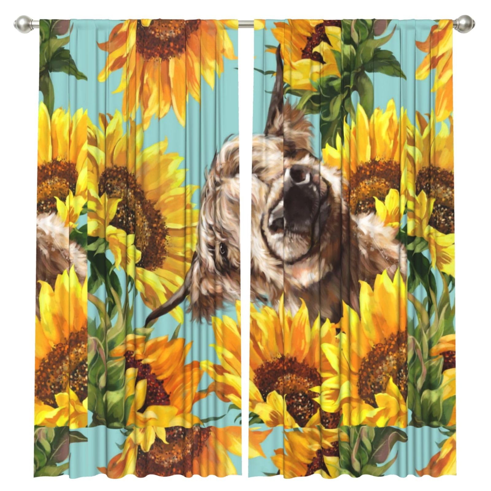 InOmak Highl And Cow With Sunflowers, 2 Panels Window Curtains 52 x 84 Inch Blackout Curtains for Living Room Bedroom
