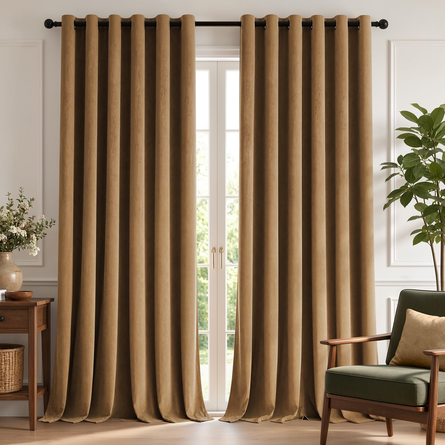 TOPICK Eyelet Velvet Thermal Blackout Curtain 2 PCS Golden Brown, W90 xL90