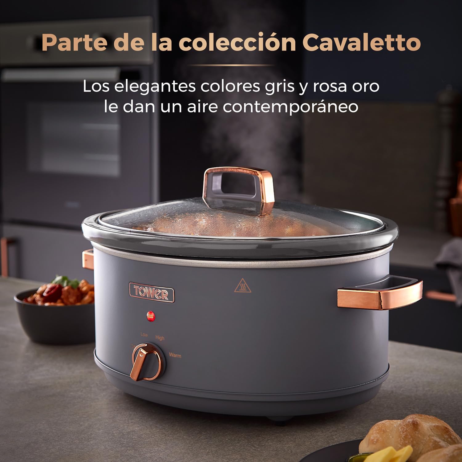 Tower T16043GRY Olla de Cocción Lenta de 6.5 Litros, Modelo Cavaletto – Olla Lenta con 3 Ajustes de Temperatura, Asas de Tacto Frío - Gris y Rosa Oro