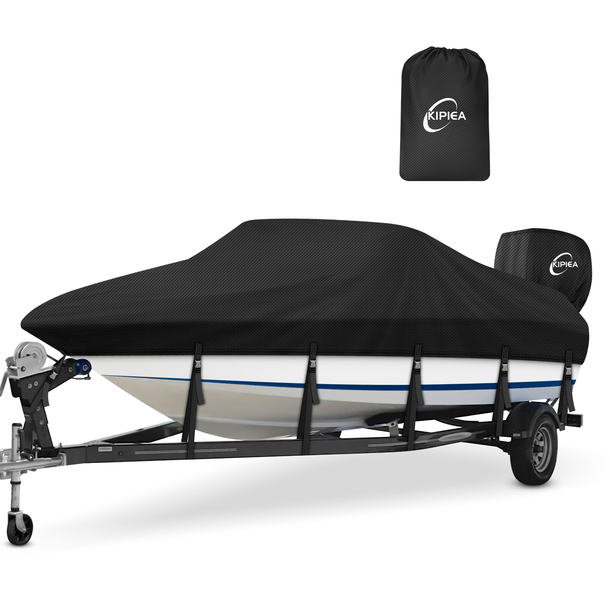 Kipiea 1300D Boat Cover - Heavy Duty Waterproof Boat Covers and Motor Cover, Double PU Waterproof, Fits V-Hull, Fish & Ski, Pro-Style, Fishing, Bass Boats (16'-18.5' Long X 94" Wide)