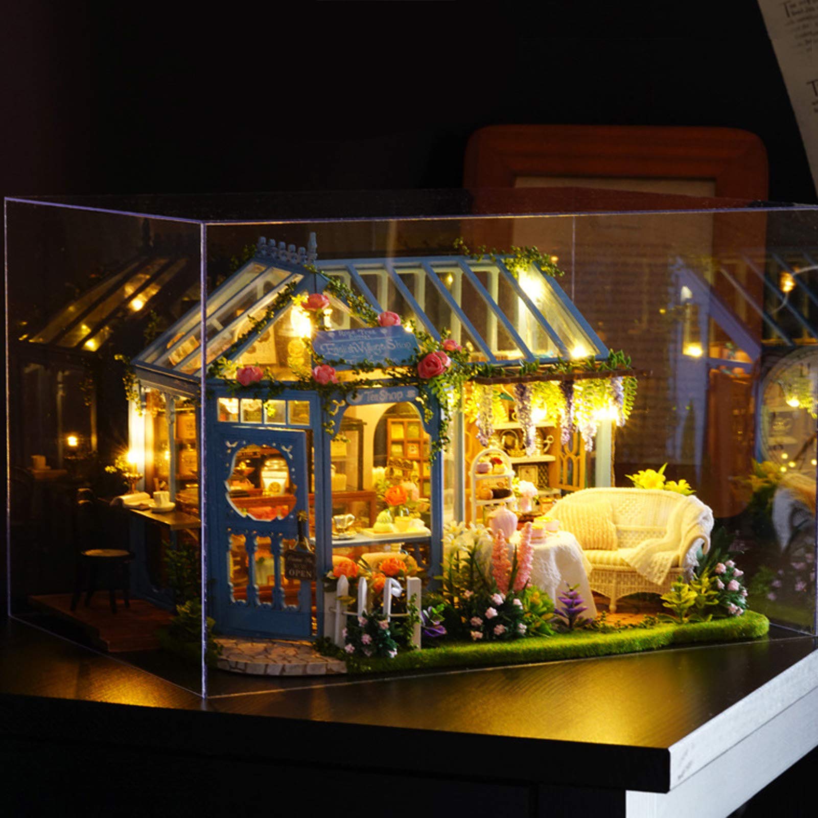 Zestaw Miniaturowy Domek dla Lalek, światła LED średniej Wielkości Drewniany Sztuczny Kwiat Kawiarnia Zestaw Miniaturowy Domek, do Samodzielnego Budowania Domku dla Lalek z Meblami i