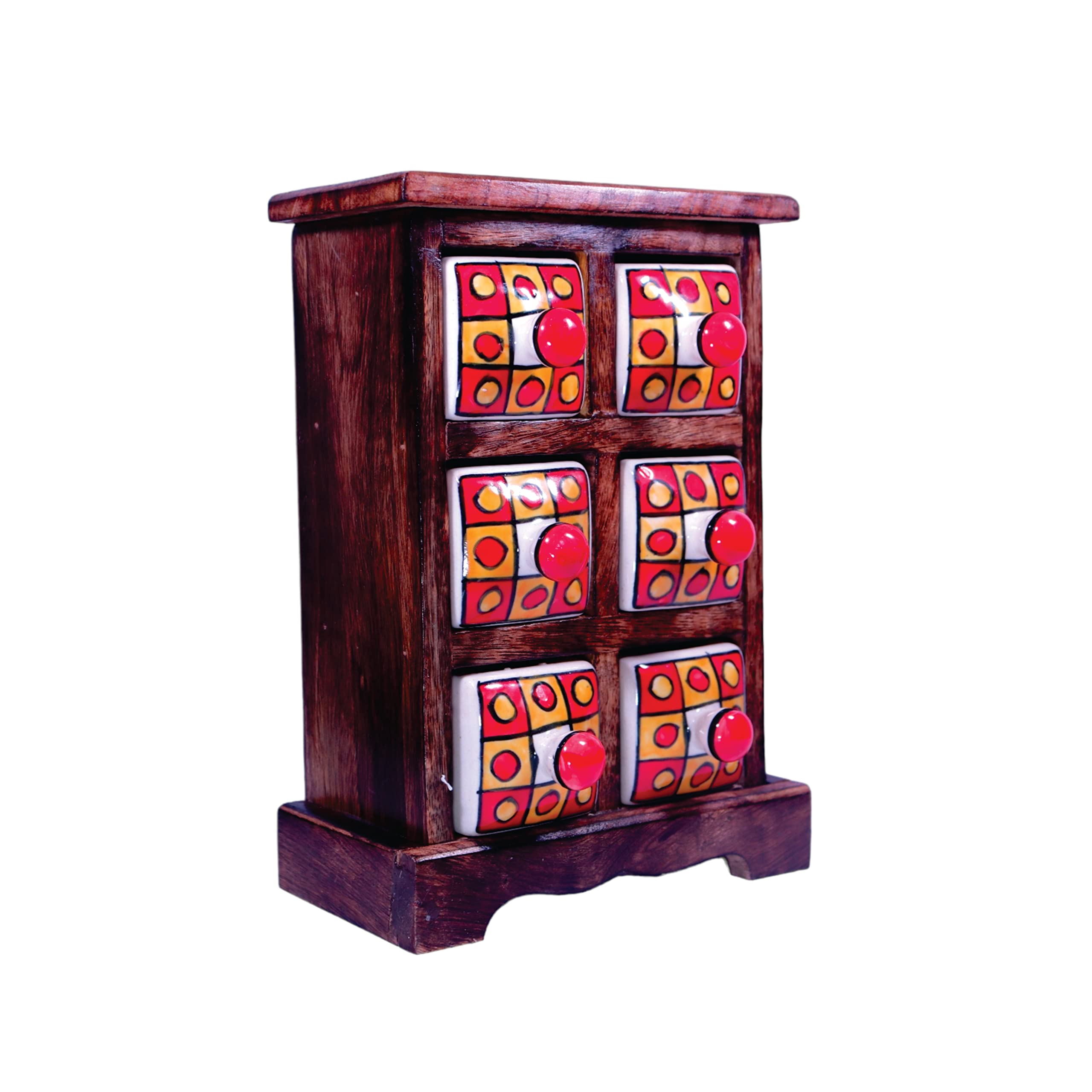guru krupaWooden Chest with Ceramic Drawers, Antique Rajasthani Design Handcrafted Unique Table Decor Showpiece, Embossed Painted Glossy Box Used for Home Spices Gift Jewelery Organizer-(6 Drawer)