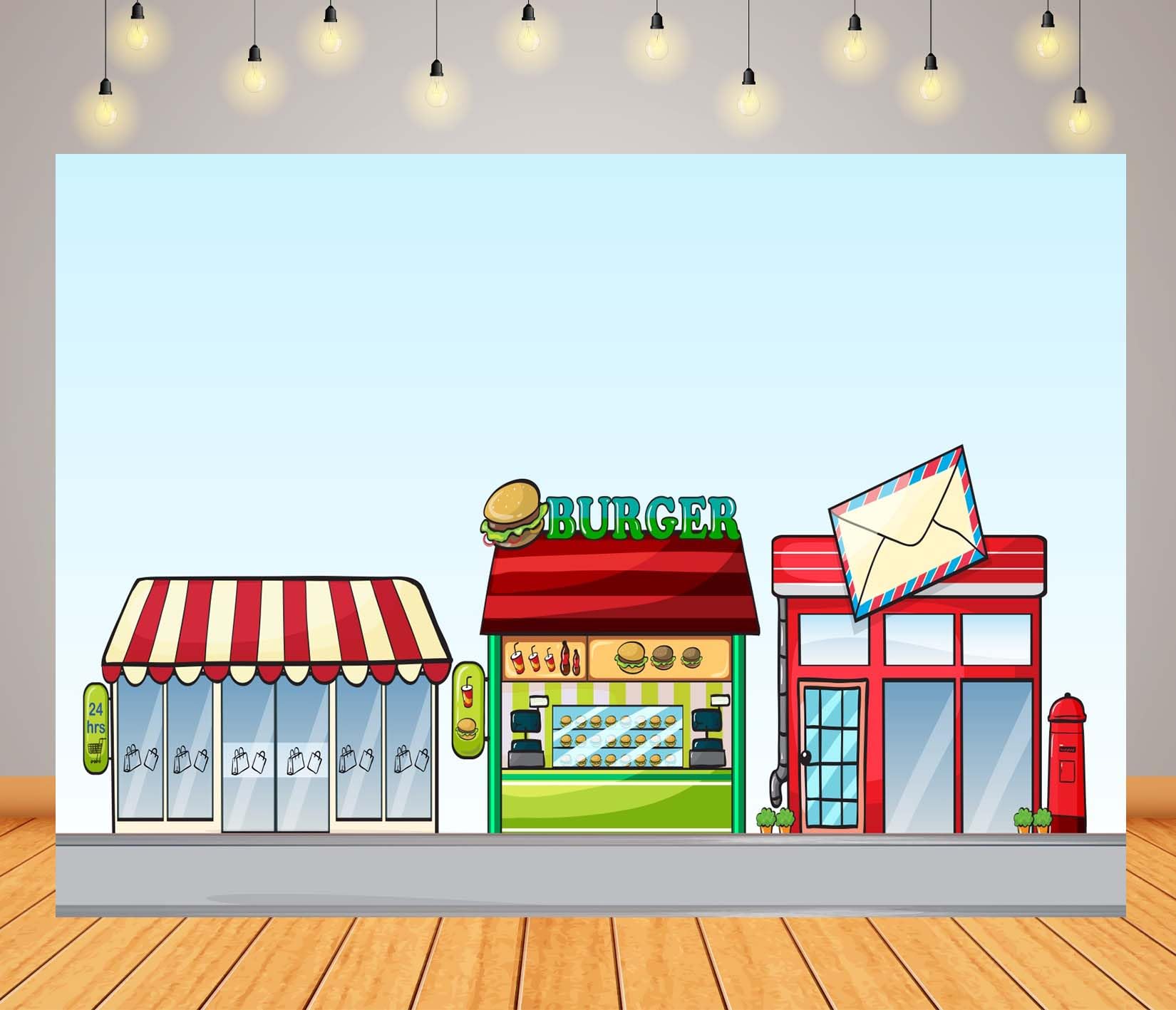 BELECO 3.6x3m Telo sfondo negozi strada cartone animato | Negozio convenienza urbano hamburgeria ufficio postale sfondo decorazione compleanno bimbi banner studio foto