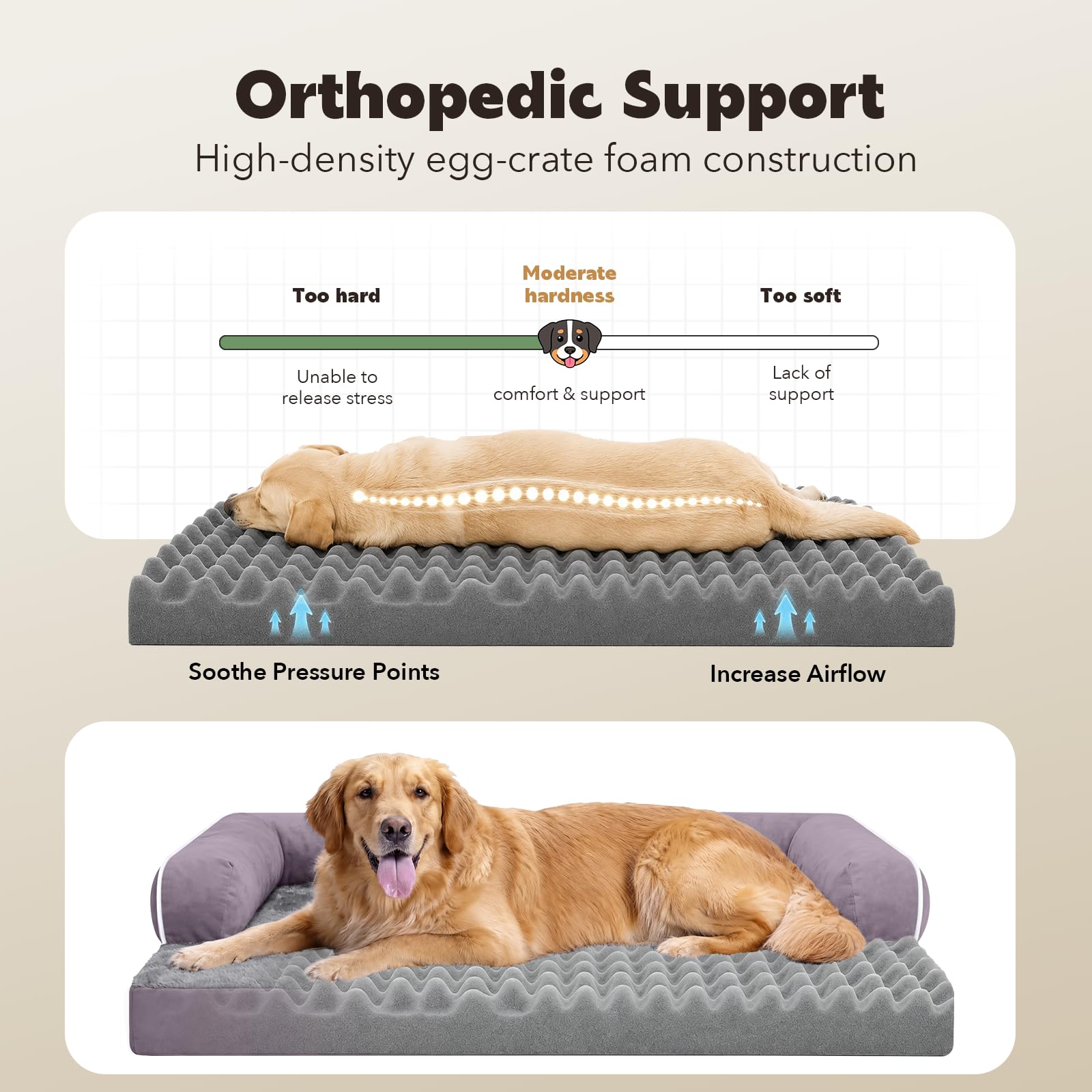 Cama ortopédica para perros grandes, lavable, cama ortopédica para perros con refuerzos extraíbles, funda lavable para perros grandes, camas impermeables para mascotas y parte inferior antideslizante,