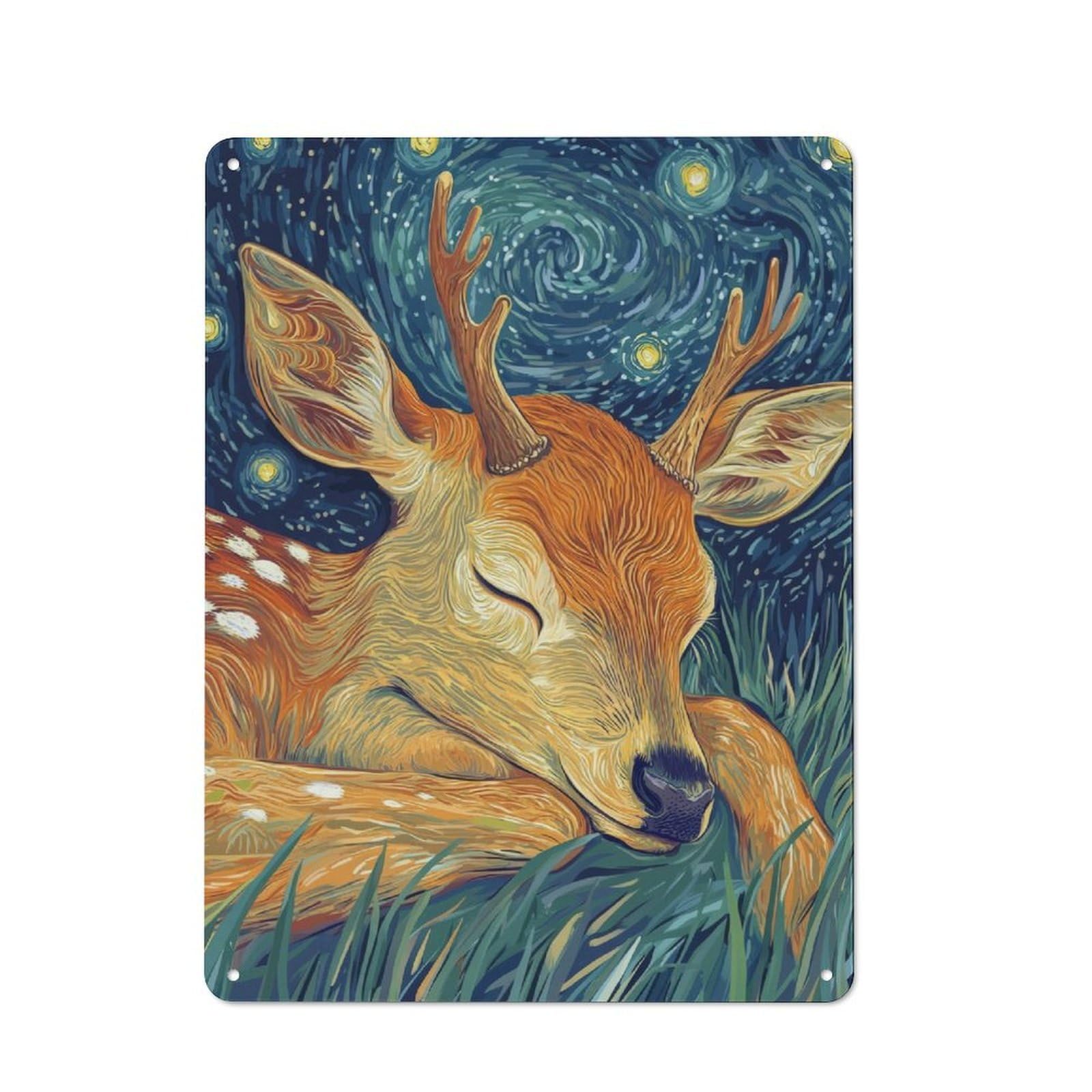Junmoney Sleeping Deer Under Starry Night Rustic Tin Wall Plaque 40X30cm For Guest Room Or Hallway, For Garage, Workshop And Man Cave Decoration