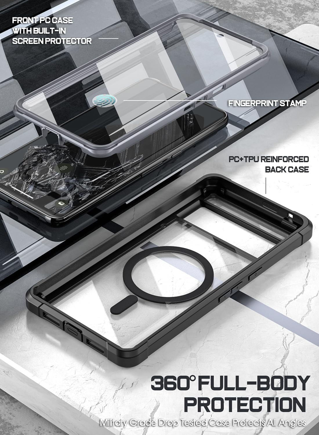Poetic Guardian MagPro Case Compatible with Pixel 8 Pro 5G,[Compatible with MagSafe] Built-in Screen Protector Work with Fingerprint ID, Full Body Shockproof Rugged Clear Cover Case, Black/Clear