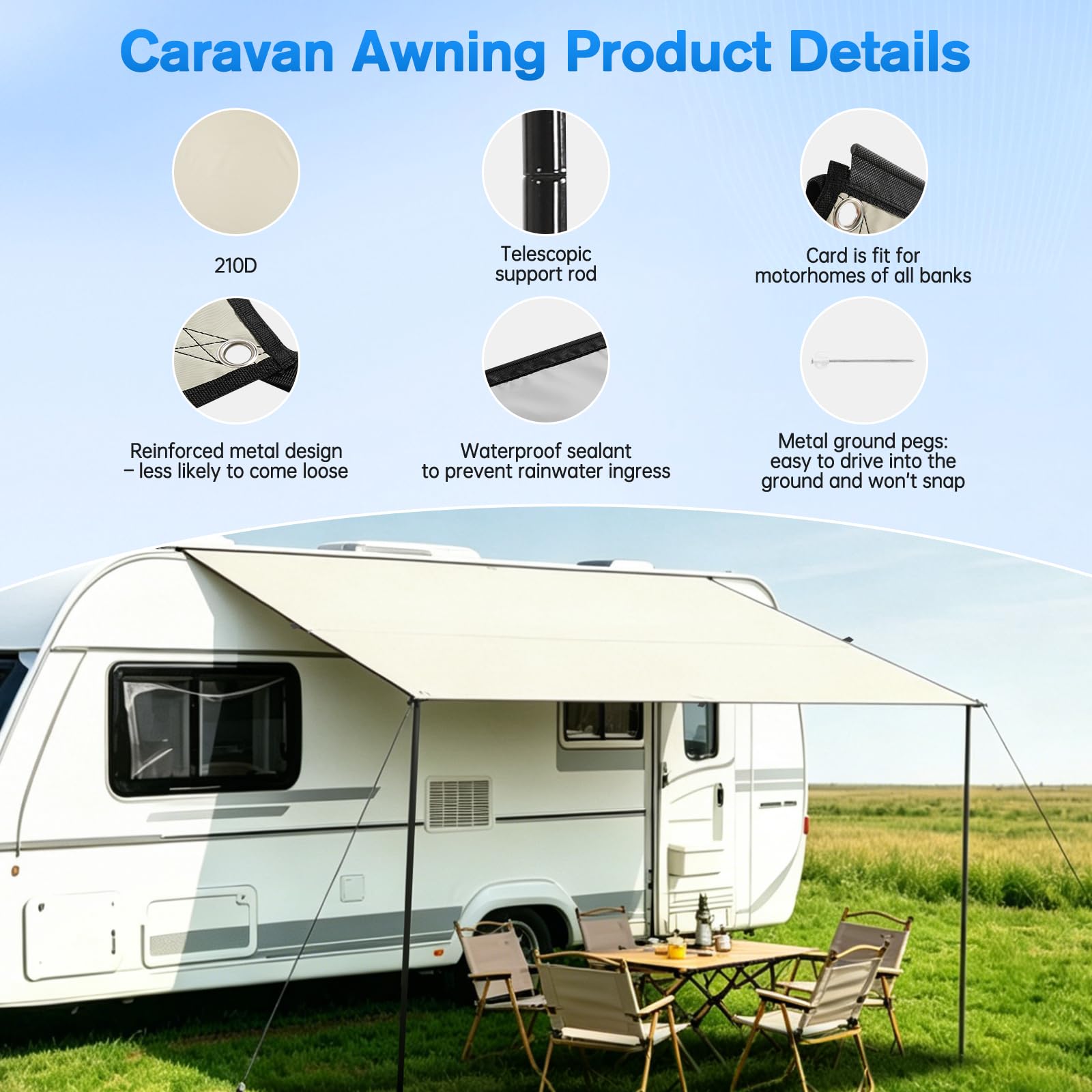 Vorzelt Auto Sonnensegel mit Camping Busvorzelt Markise Auto Camper 2.5 x 2.4m,Universal Caravan Sonnenschutz mit Saugnapf Kederleiste Wohnmobil für Transporter Vans SUV Wasserdicht UV-Schutz