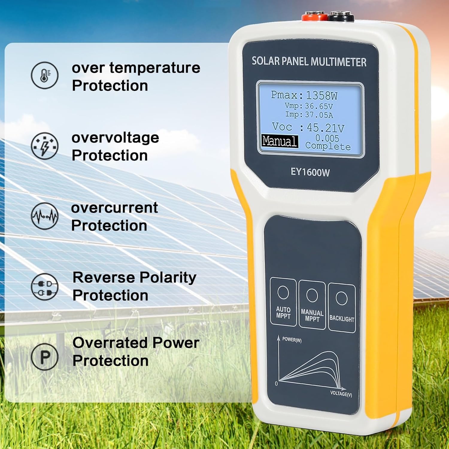 TsoLay Tester per Pannelli solari, multimetro per Pannelli fotovoltaici da 1600 W con Display LCD Ultra Chiaro, rilevamento Automatico MPPT, per guasto di Tensione a Circuito Aperto