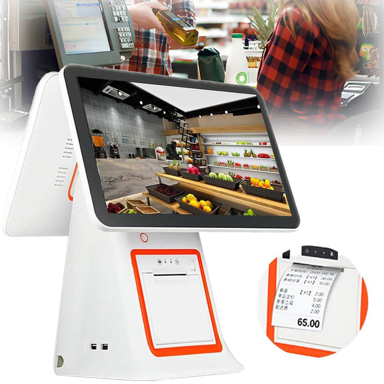 System Cash Register, LCD Touch Cash Register, All-in-One Cash Register White | 15,6-calowy ekran dotykowy LED Backlit Dual Monitor, kasa fiskalna dla małych firm,
