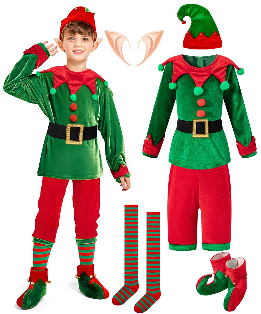 IWALUE Kids Boys Christmas Elf Costume Pants Set Santa's Helper Xmas Outfit with Hat Ears Belt Socks Shoes