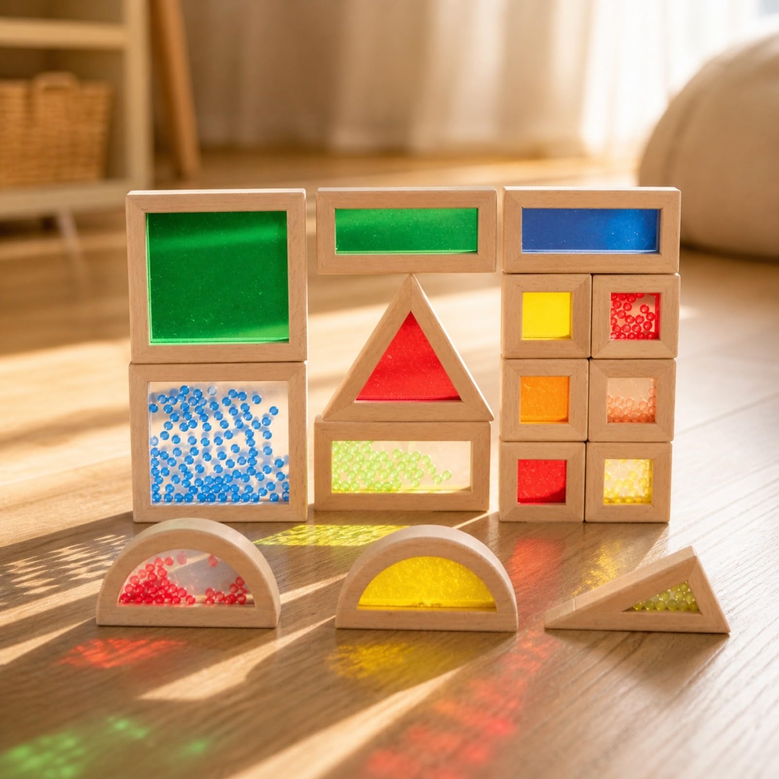 Gralara 15 Pezzi Blocchi da Costruzione Sensoriali in Acrilico con Cornice in Legno Sensoriale Gioco di Impilamento Legno Educativi Giocattolo Educativo