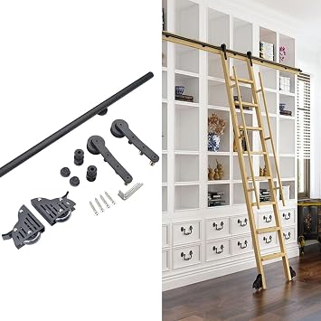 Rolling Sliding Ladder Hardware KitNo Ladder, Black Steel Round Tube Sliding Library Ladder Hardware Full Set Track System for Home/Indoor/Loft/Garage, with Floor Roller Wheels  Size 9.8ft/3m tra