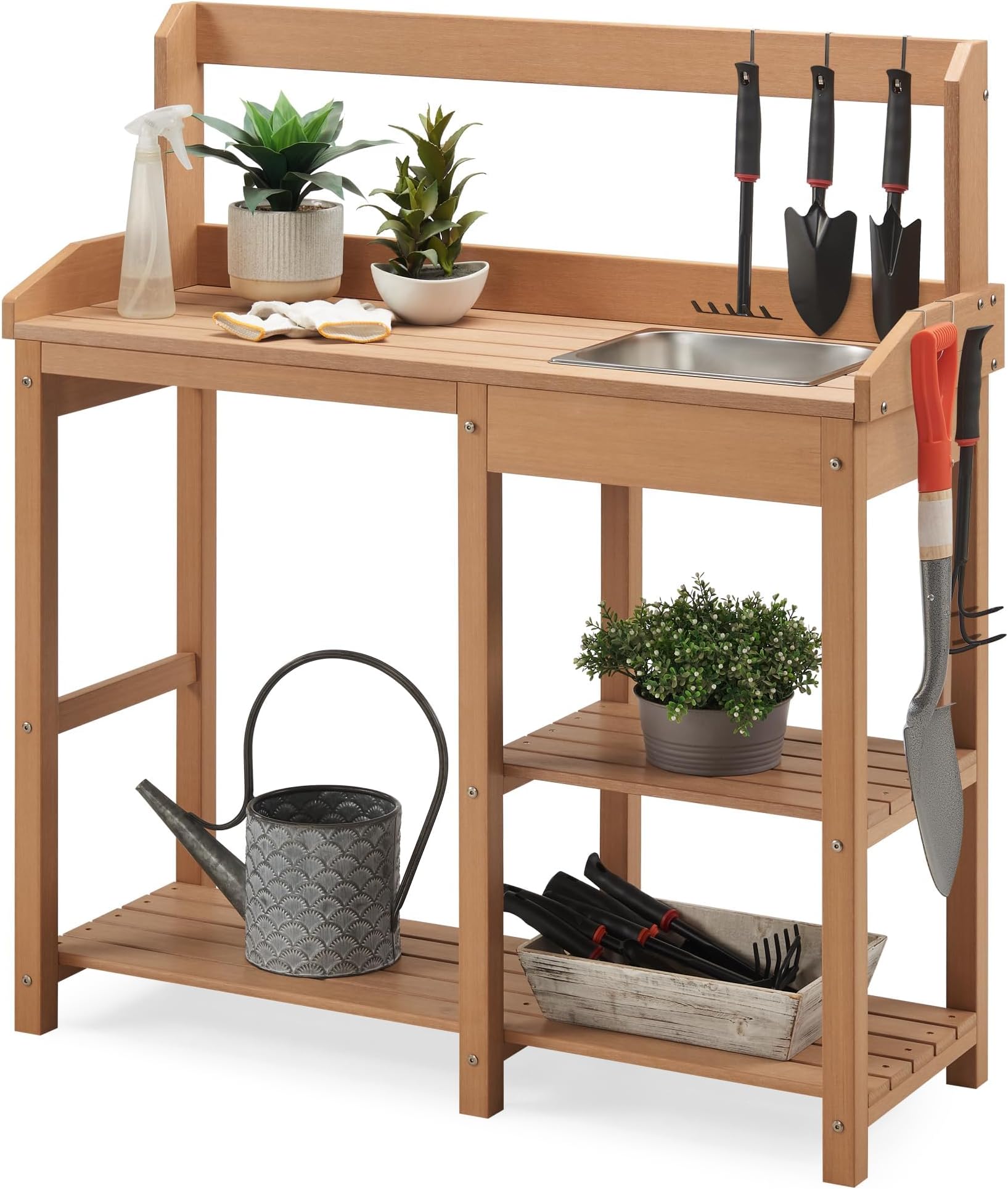 Outdoor Potting Bench with Sink, Rot-Resistant HDPS Potting Table for Outside Garden, All-Weather Use, (Teak)