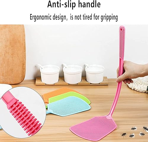 Miniatura 5 de Matamoscas de plástico, matamoscas de plástico resistente, paquete de 4 matamoscas manuales flexibles y fuertes con mango largo para ayudante de