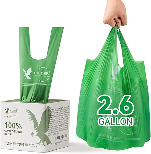HAIDER Bolsas de basura compostables y ecológicas para cocina, bolsas de basura con asa de 2.6 galones (100 unidades, 1 paquete) certificadas por