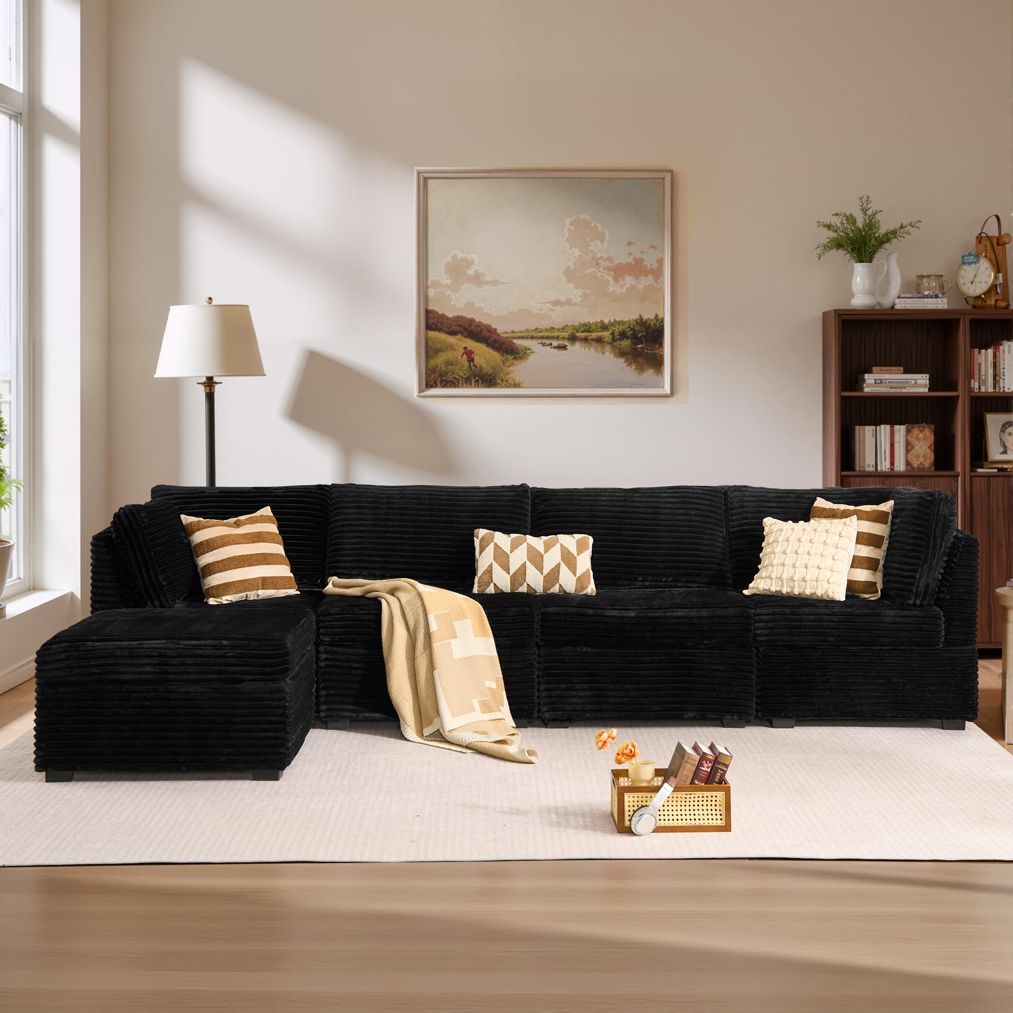 ovios Modular Sectional Sofa Couch with L-Shape Chaise Ottoman, Comfy Plush Corduroy Cloud Couches, Modern Luxury Deep Seat Sofas Set for Living Room, 5-Seater, Black