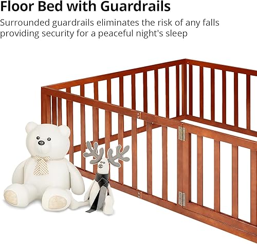 Miniatura 5 de i-POOK Cama de suelo de tamaño matrimonial para niños marco de cama Montessori de madera resistente con valla y puerta cama de suelo Montessori para