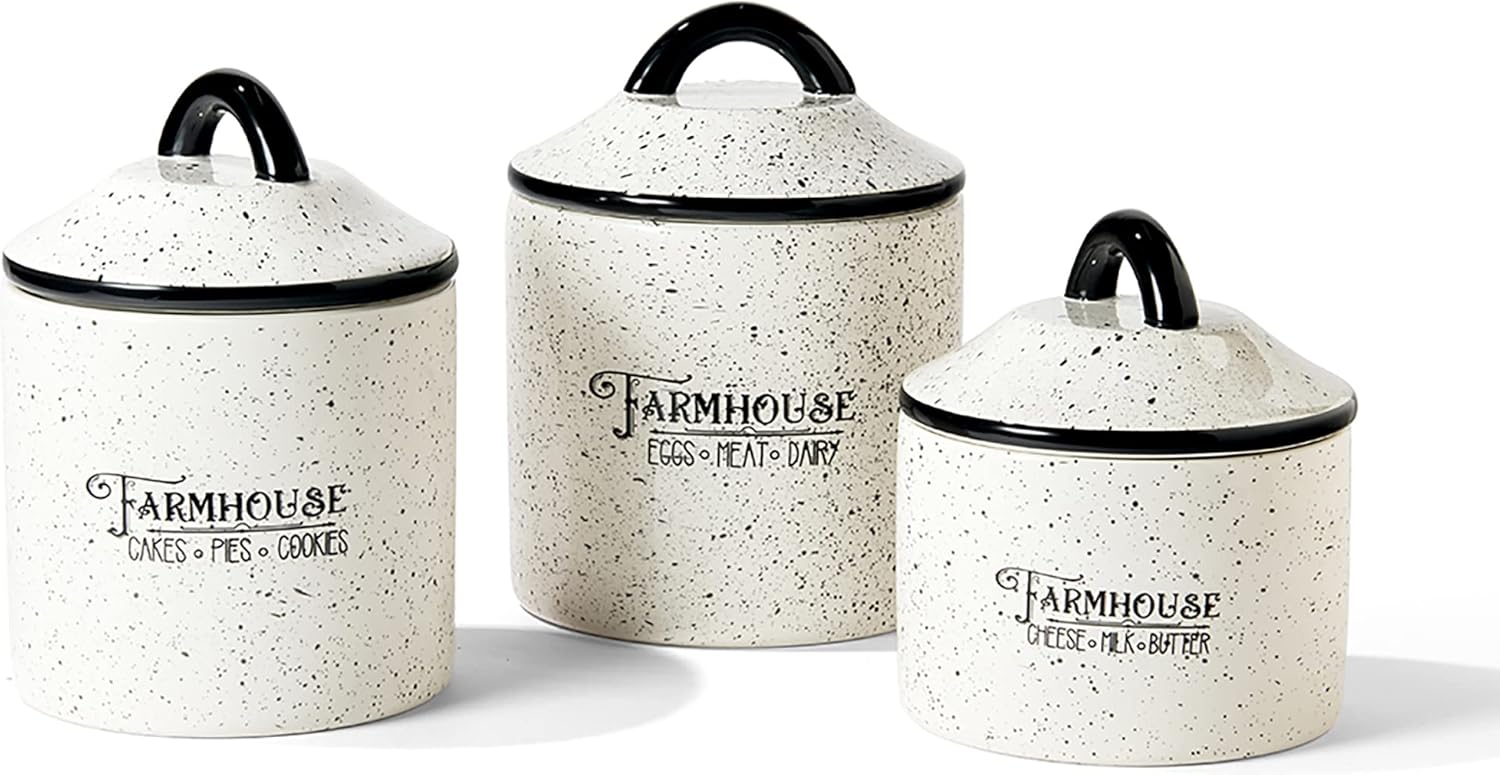American Atelier Canister Set 3-Piece Ceramic Jars in Small, Medium, Large with Airtight Lids for Cookies, Candy, Coffee, Flour, Sugar, Rice, Pasta, Cereal & More (Farm House)