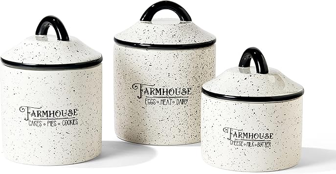 American Atelier Canister Set 3-Piece Ceramic Jars in Small, Medium, Large with Airtight Lids for Cookies, Candy, Coffee, Flour, Sugar, Rice, Pasta, Cereal & More Farm House