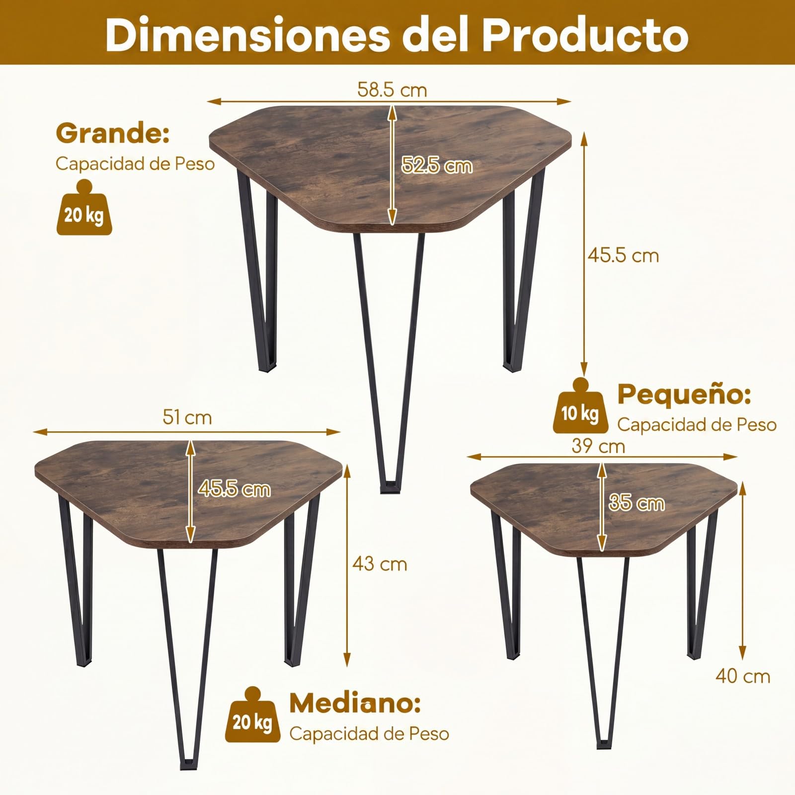COSTWAY Juego de 3 Mesas de Centro Nido, Mesas Auxiliares Apilables con 3 Tamaños, Estructura de Metal, Muebles Industriales para Salón Dormitorio Oficina