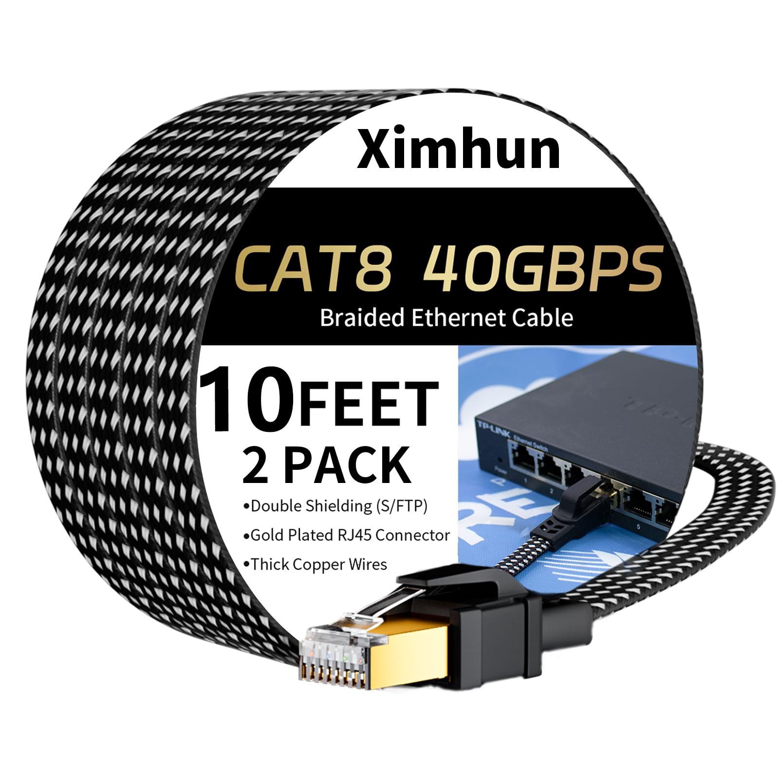 Lot de 2 câbles Ethernet Cat 8, 3 m, câble réseau Internet haut débit | Câble LAN tressé avec connecteur RJ45, 40 Gbit/s 2000 MHz pour intérieur et extérieur pour modem/routeur/jeu/PC