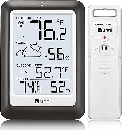 Indoor Outdoor Thermometer Wireless Weather Station, Temperature Humidity Monitor Battery Powered Inside Outside Thermometers with 330ft Range Remote Sensor and Backlight Display(Metal Black)