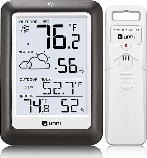 Indoor Outdoor Thermometer Wireless Weather Station, Temperature Humidity Monitor Battery Powered Inside Outside Thermometers with 330ft Range Remote Sensor and Backlight Display(Metal Black)