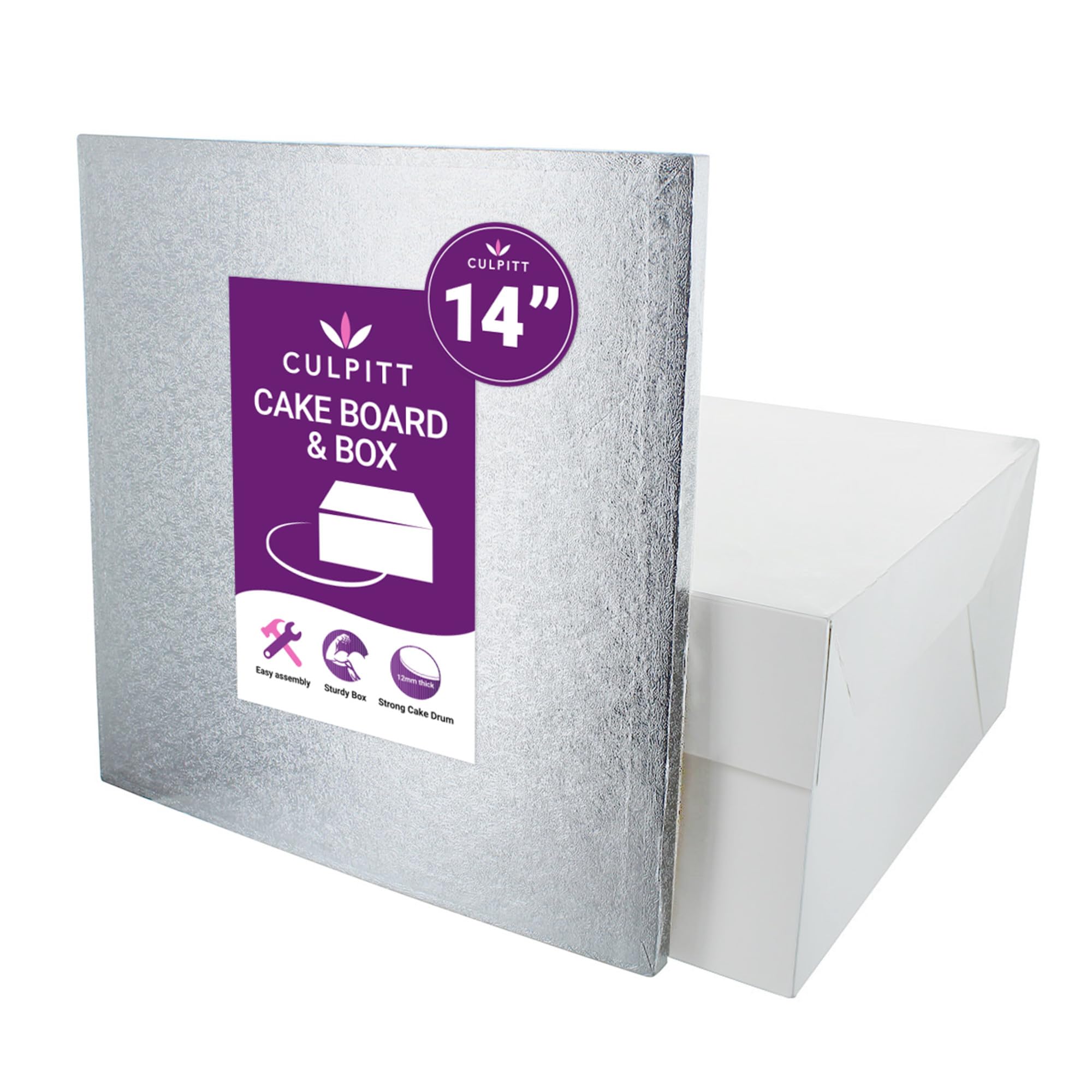 Culpitt Kuchenplatte & Box Set – Quadratisch, 35,6 Cm, Mit Silberner Folie & Weißer Box
