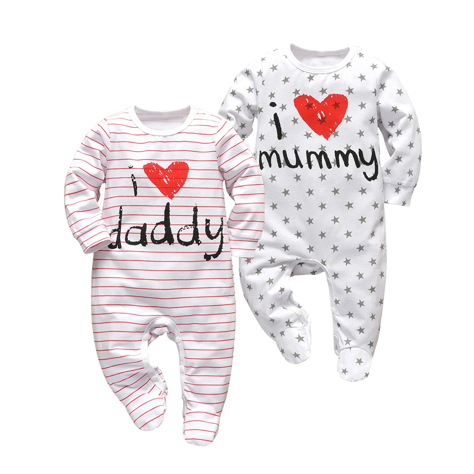 Tinykeke Men's White-B Newborn Baby Boy Girl I Love Daddy Mummy Footies Romper Unisex-Baby 2 Pack Footed Jumpsuit (Newborn)