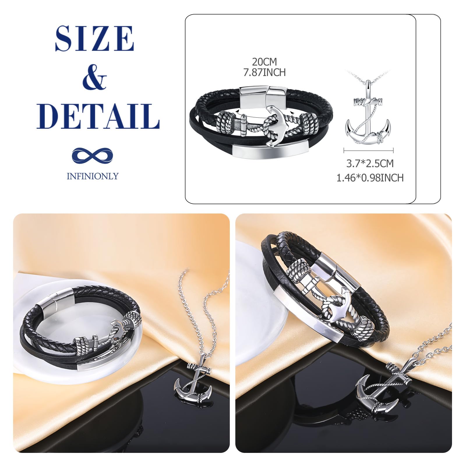 Colliers Pendentif Ancre Créatif en Acier Inoxydable Hommes Garçons Vintage Bracelets Noir Tressé en Cuir Multicouche de Ancre pour Adolescents Bijoux Parures