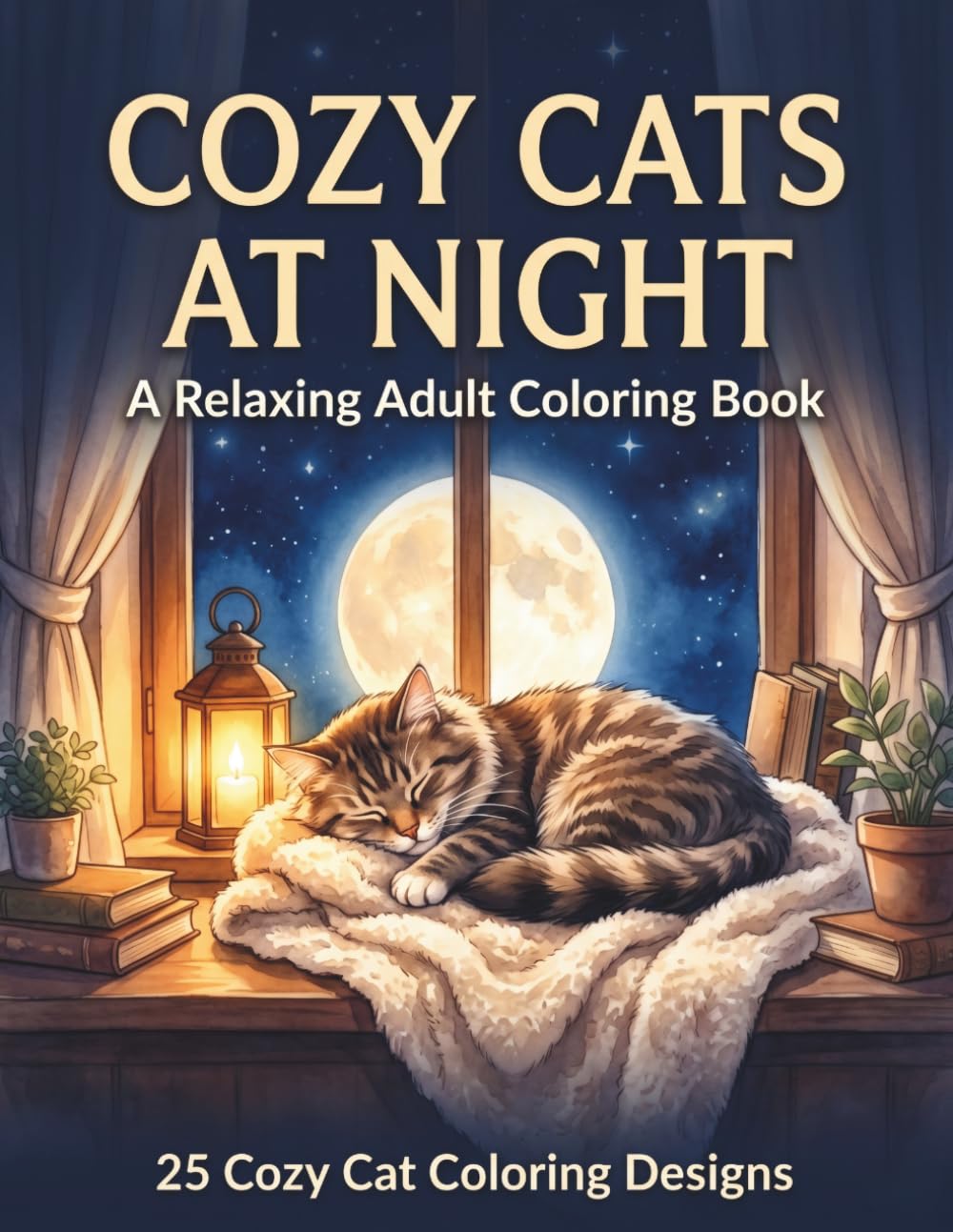 Cozy Cats at Night: A Relaxing Adult Coloring Book with Peaceful Night Scenes, Cozy Cats, and Stress Relief Designs (Whiskers Coloring Series)