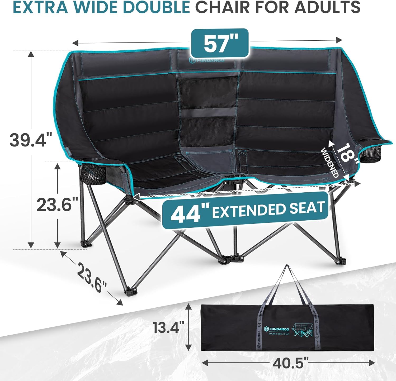 FUNDANGO Extra Wide Double Camping Chair for Adults with Cooler, Oversized 2 Person Loveseat, Padded Heavy Duty Two Person Folding Lawn Couch seat with Cup Holders for Outdoor, Camp, Sports & Lawn