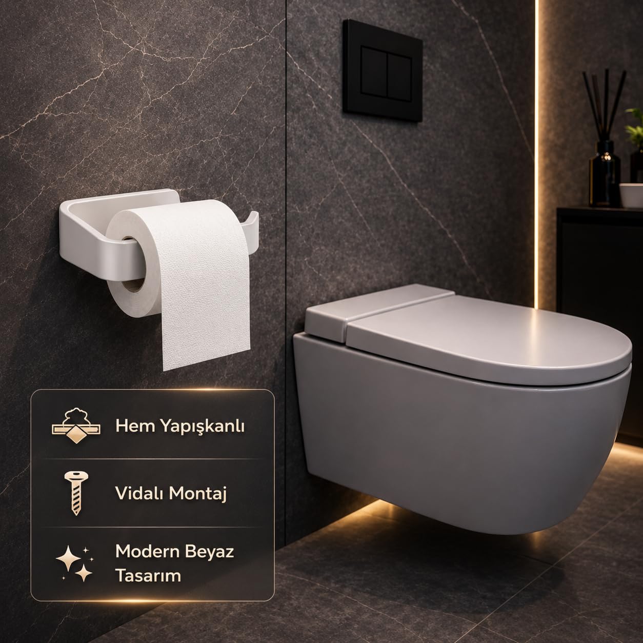 Alper Banyo Beyaz Lamalı Tuvalet Kağıtlığı, WC Kağıt Askılığı, Hem Yapışkanlı Hem Vidalı Montajlı, Açık Uç Tasarımlı Banyo Tuvalet Kağıdı Tutucu