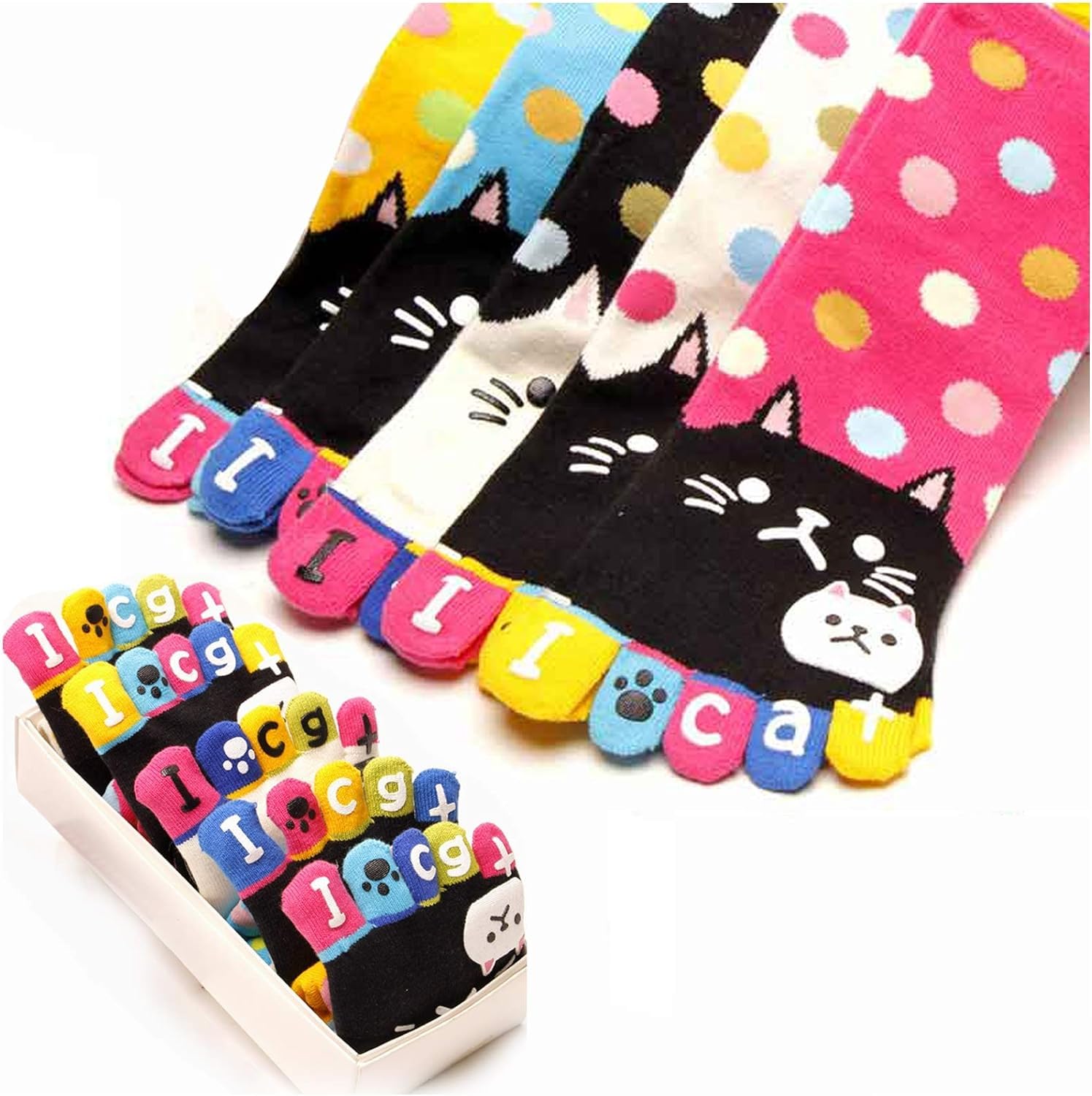 5 Paar Damen-Fünf-Finger-Zehensocken für Frauen und Mädchen aus Baumwolle, süße Katzensocken als Geschenk, Damen-Freizeitsocken, mit Zehen, neuartige Sportsocken, Größe 3–7, E‐5 Paar