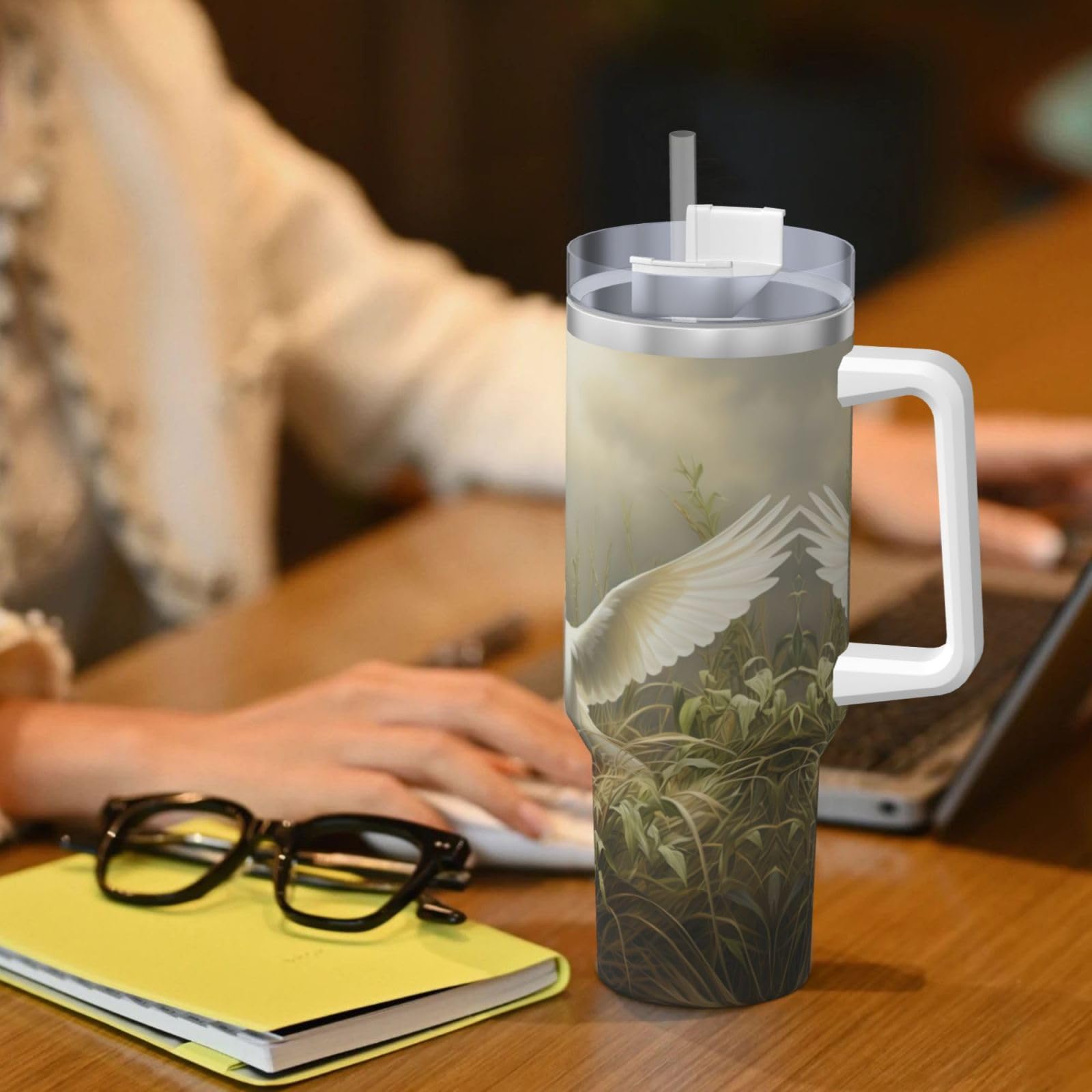 Grass and Dove Wasserflasche aus Edelstahl, doppelwandig, isoliert, mit Griff und Strohhalm-Deckel, 1,2 l