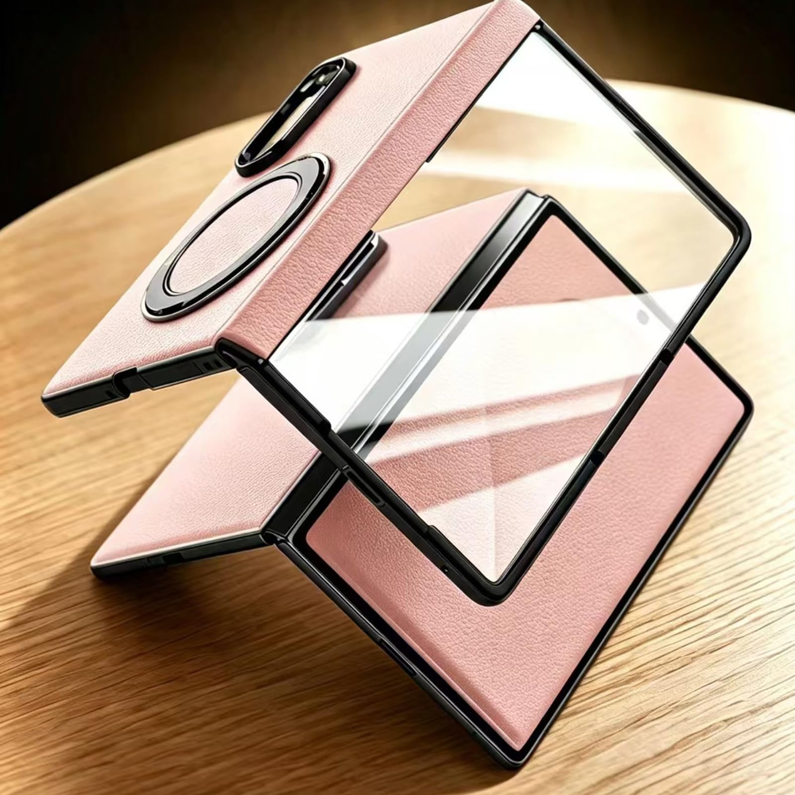 Etui z prawdziwej skóry do Samsung Galaxy Z Fold 8, ochrona ekranu z obrotowym pierścieniem magnetycznym, pełne owinięcie zawiasów, biznesowe, ręcznie wykonane, lekka, luksusowa obudowa (czarne)