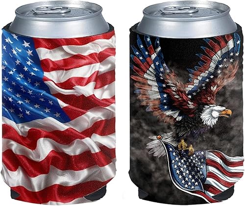 Forchrinse Paquete de 2 fundas para enfriar latas con la bandera estadounidense de águila calva, fundas aisladas suaves para botella de latas,