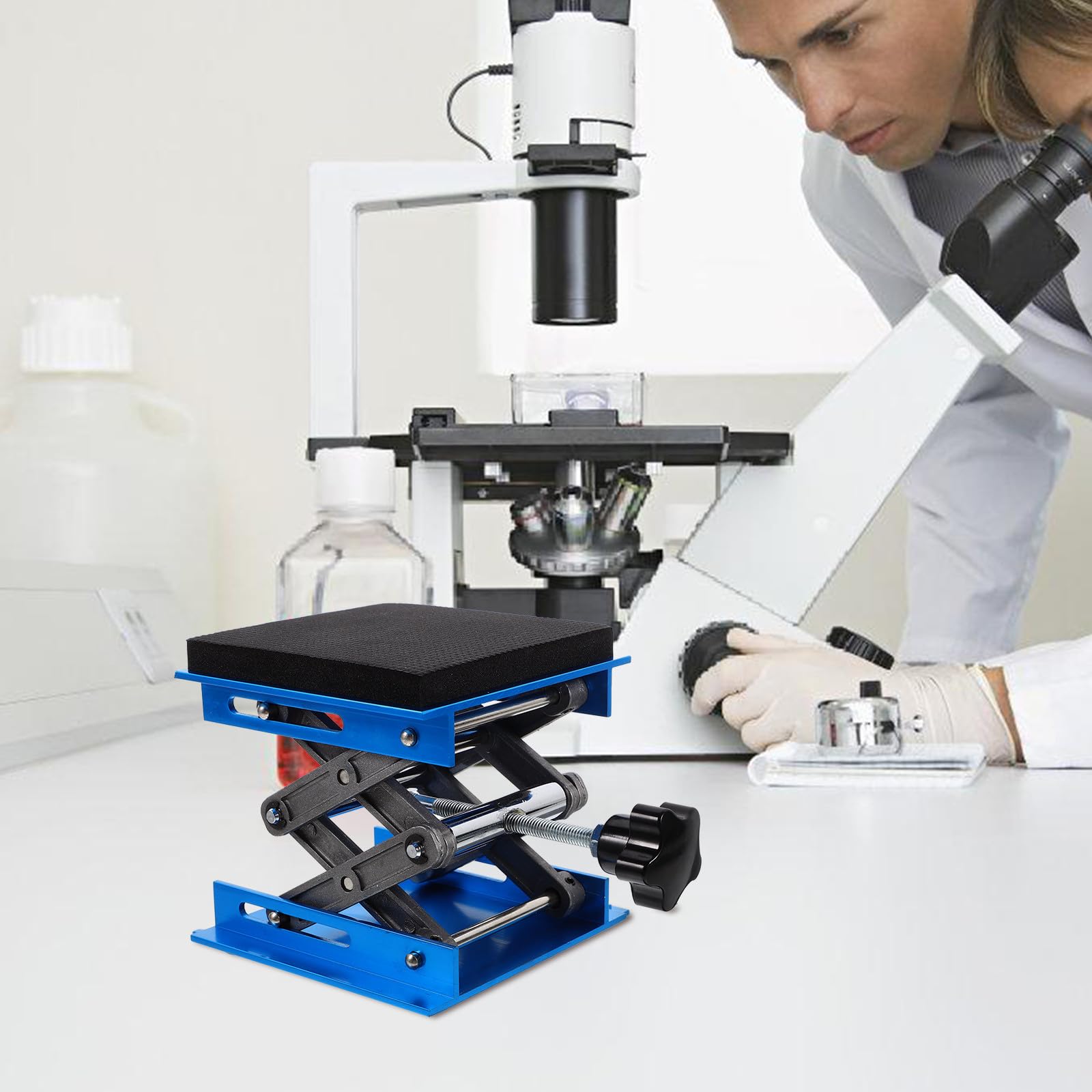 VOSAREA Plate-forme Ciseaux Élévatrice de Alliage en Laboratoire D'aluminium et Surface Antidérapante Support à Sécurisé 10x10cm pour Projets Scientifiques et Travail
