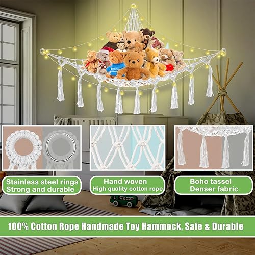 Miniatura 4 de Red de animales de peluche o hamaca almacenamiento de red suave con tira de luces LED ganchos y borlas para animales de peluche y juguetes de