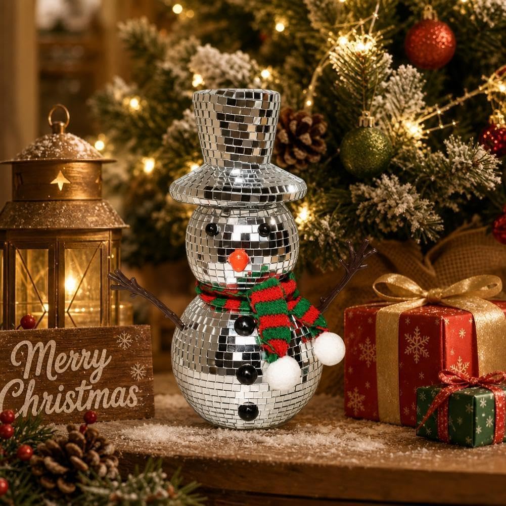 Muñeco de nieve de Navidad, decoración de bola de discoteca, figura reflectante de invierno, muñeco de nieve con bufanda, sombrero de punto brillante