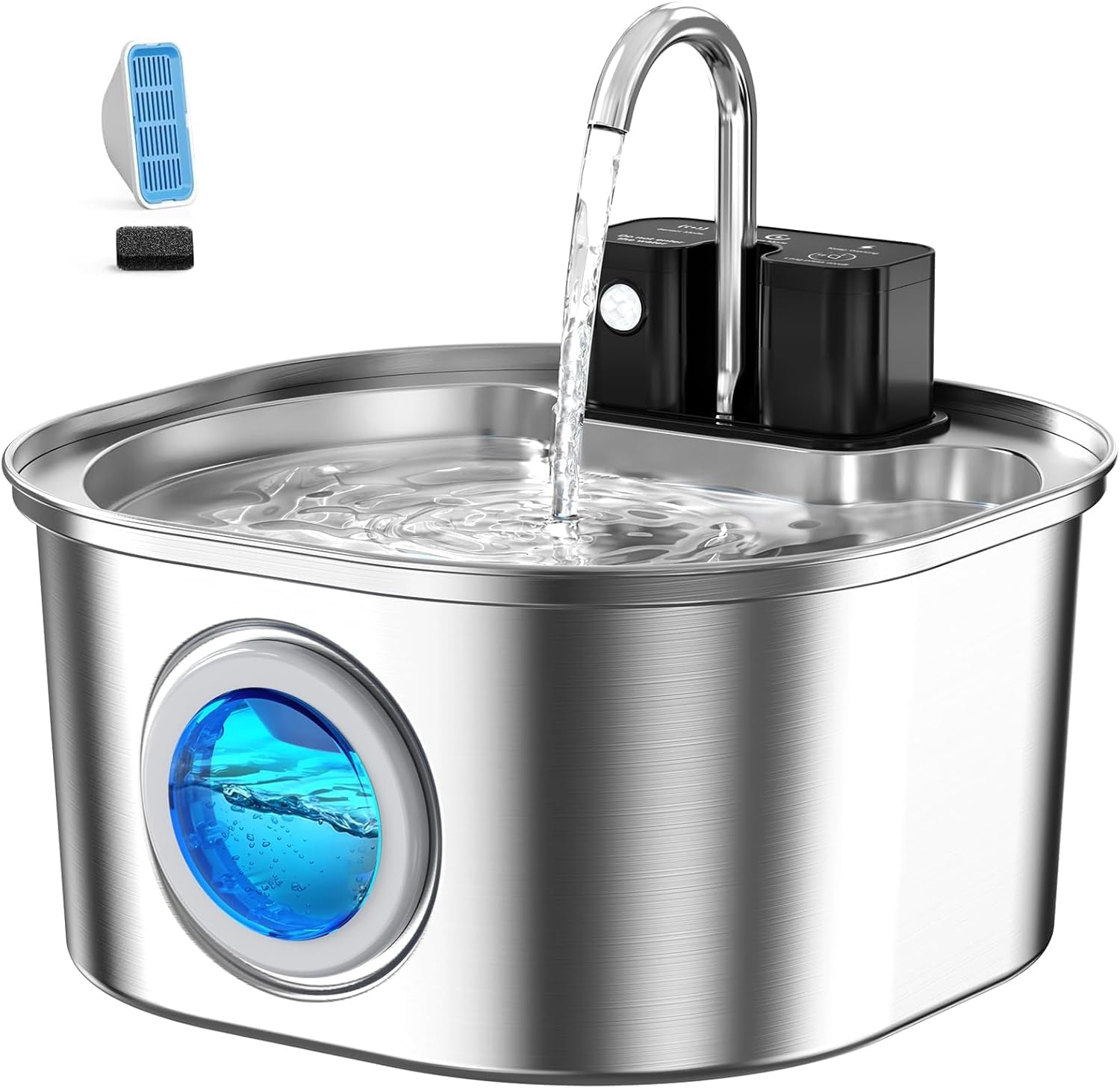 Voluas Stainless Steel Cat Water Fountain: 108oz/3.2L Wireless Cat Fountain Battery Operated for Drinking Indoor, Automatic Pet Water Dispenser Bowl with Ultra Quiet Pump, Easy Clean BPA-Free, 1Filter