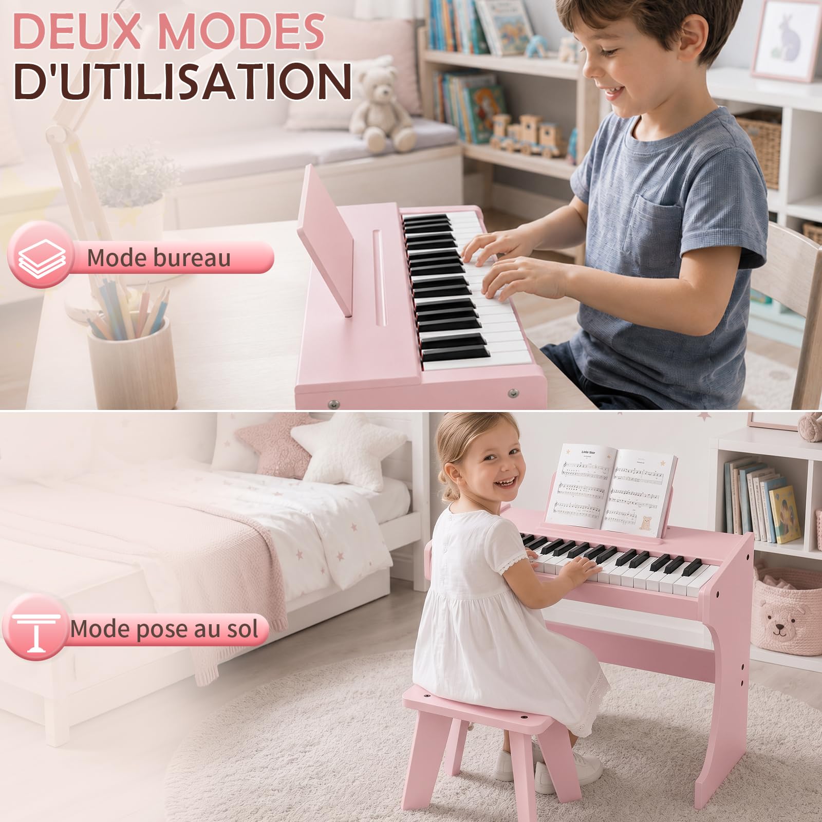 Piano Numérique Enfants 37 Touches, Instrument Éducatif de Musique (Rose)
