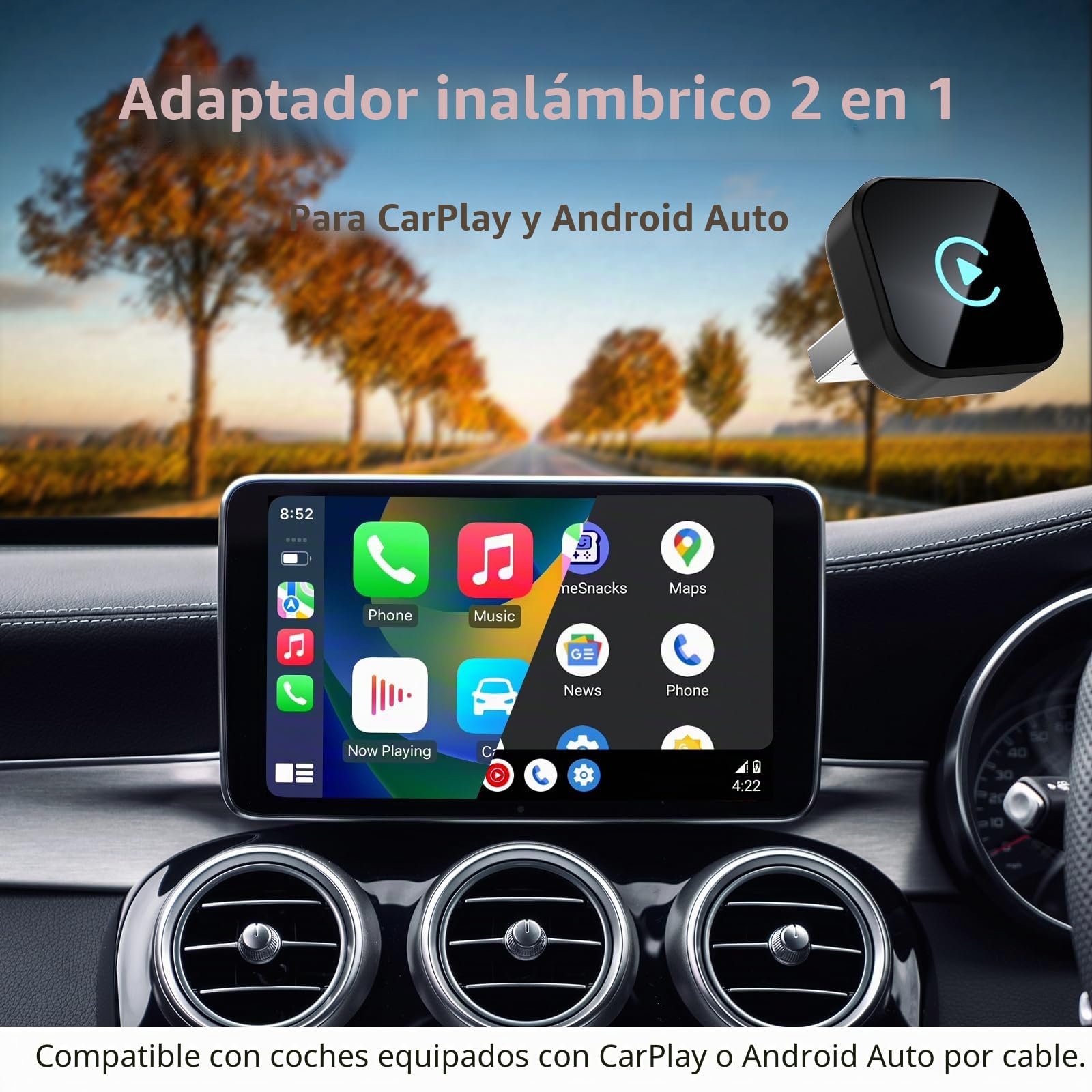 Sunweyer Mini Wireless CarPlay & Android Auto Adapter: actualización de Cable a inalámbrico, diseño Compacto de Menos de 1 Pulgada para Coches con Cable de fábrica (T Negra)