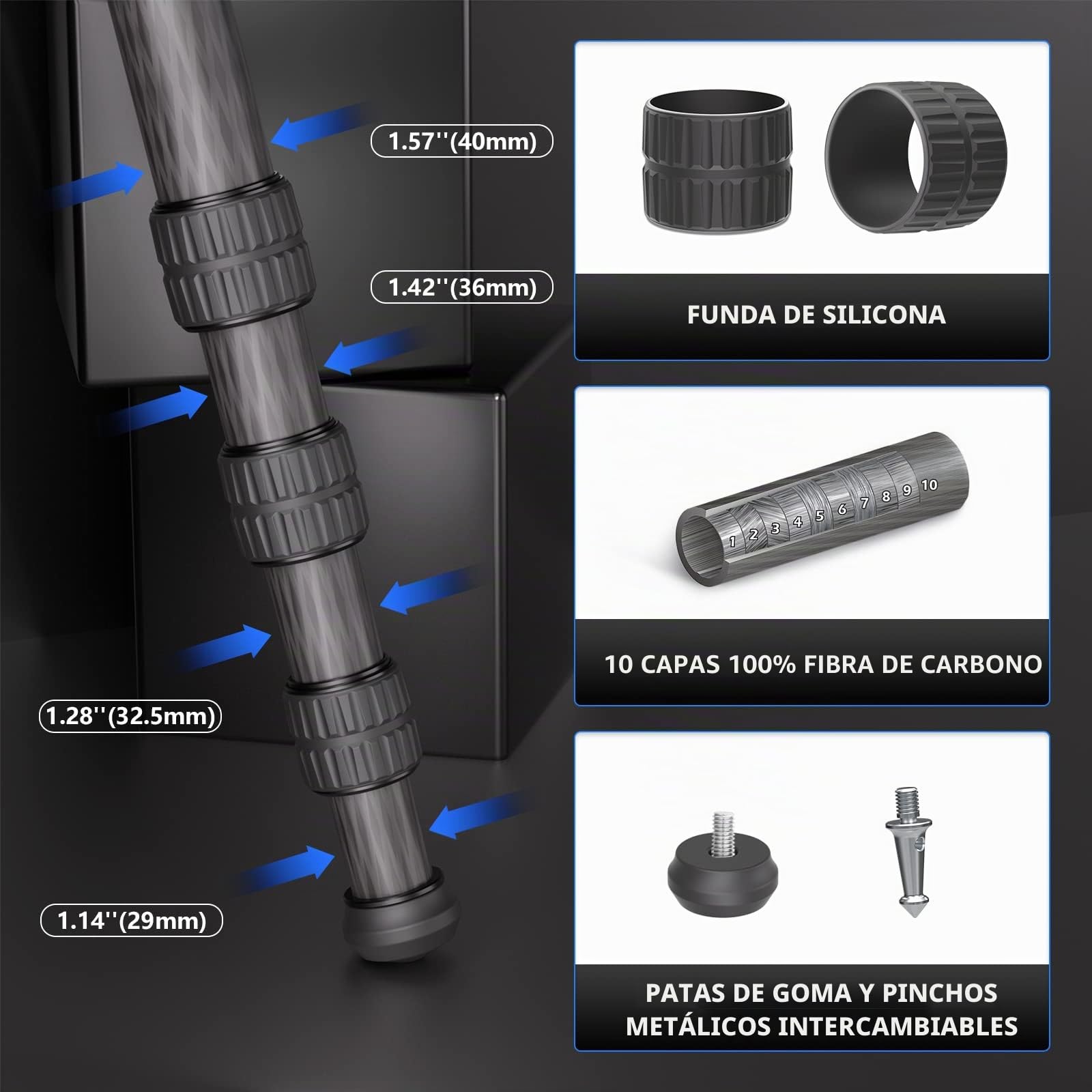 WEYLLAN Trípode Fibra Carbono 160cm, Trípode Cámara con Pata De 40mm, Carbono Tripode Video Profesional De Cámara para Cinematografía, Cámaras DSLR, Binoculares, Cabeza De Bola, Carga 40kg